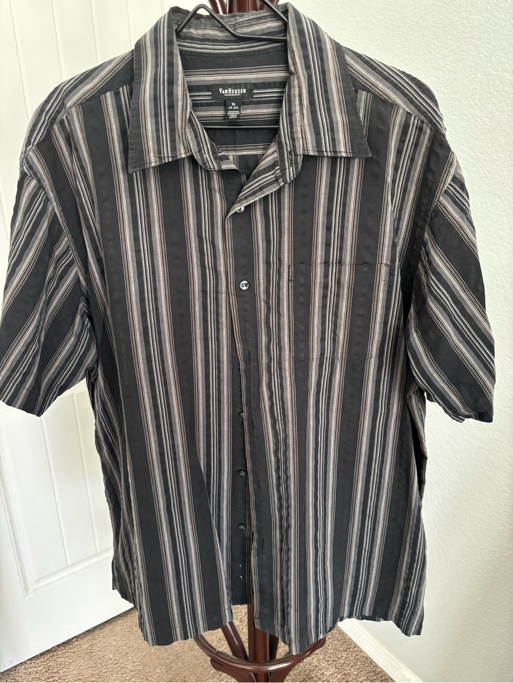 Van Heusen Men’s Black and Gray Striped Short-Sleeve Button-Down Shirt
